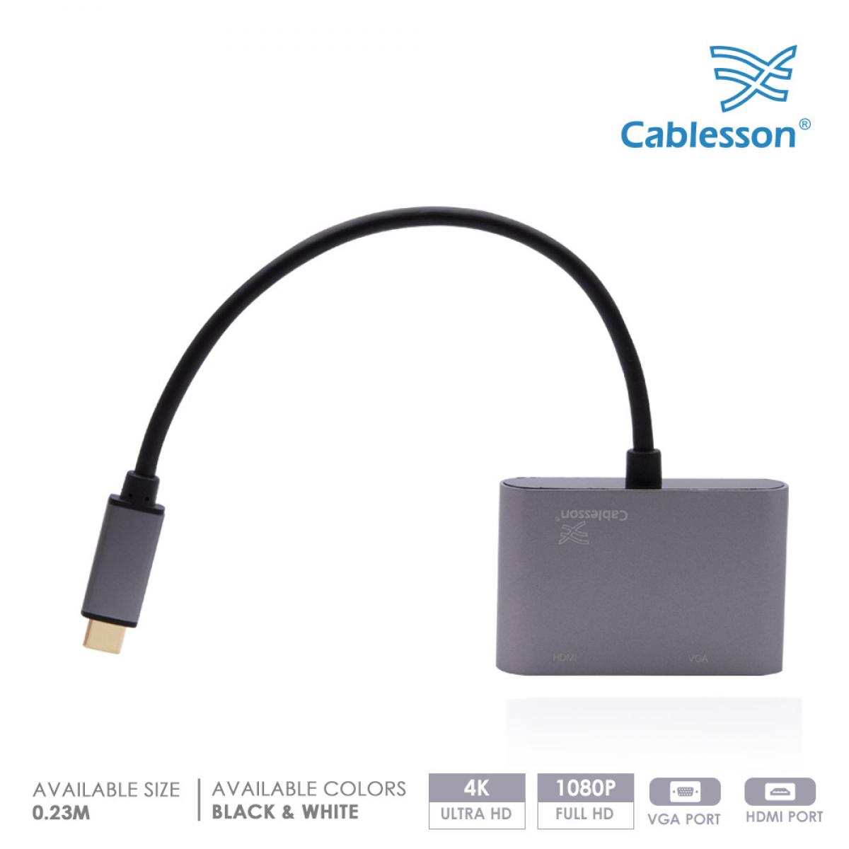 Cablesson USB Type C male to HDMI+VGA female adapter with aluminum shells 0.23M 1080P/4K30Hz (Black)