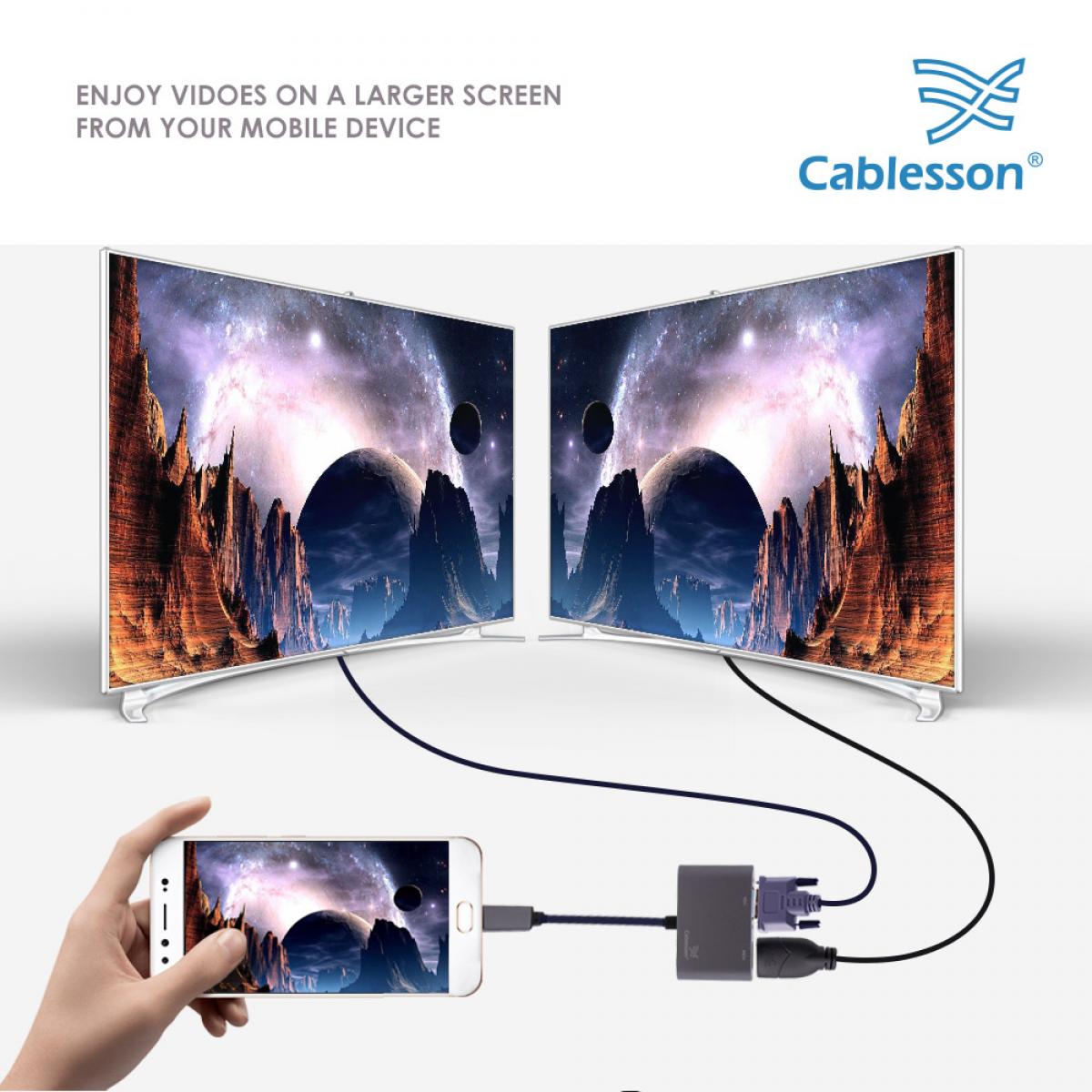 Cablesson USB Type C male to HDMI+VGA female adapter with aluminum shells 0.23M 1080P/4K30Hz (Black) - Image 2