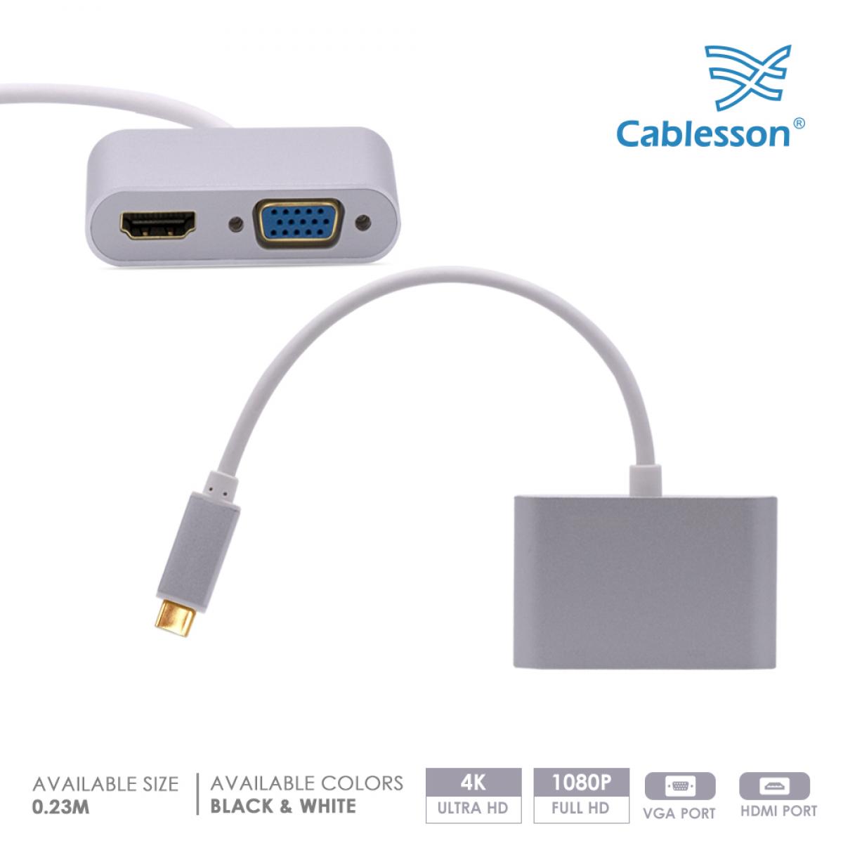 Cablesson USB Type C male to HDMI+VGA female adapter with aluminum shells 0.23M 1080P/4K30Hz (White)