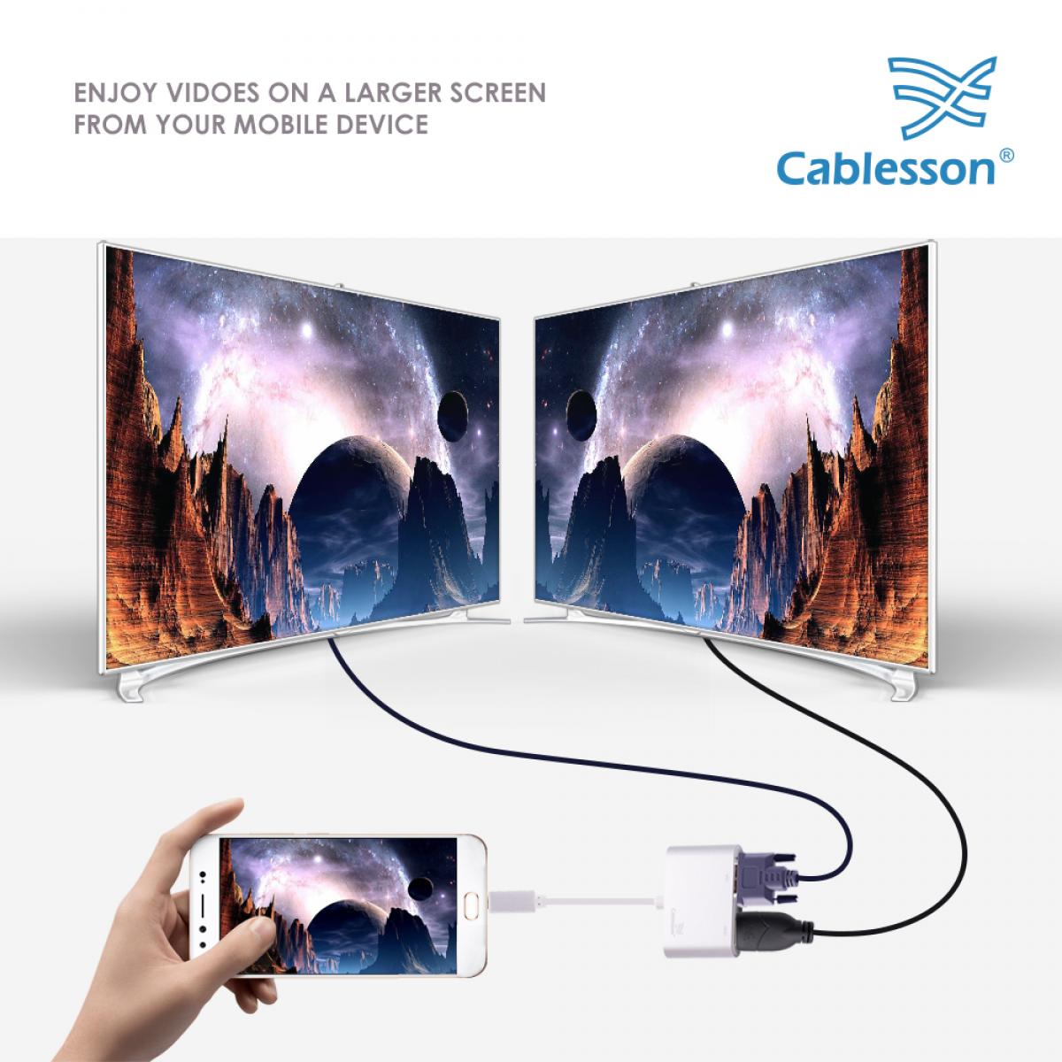 Cablesson USB Type C male to HDMI+VGA female adapter with aluminum shells 0.23M 1080P/4K30Hz (White) - Image 2