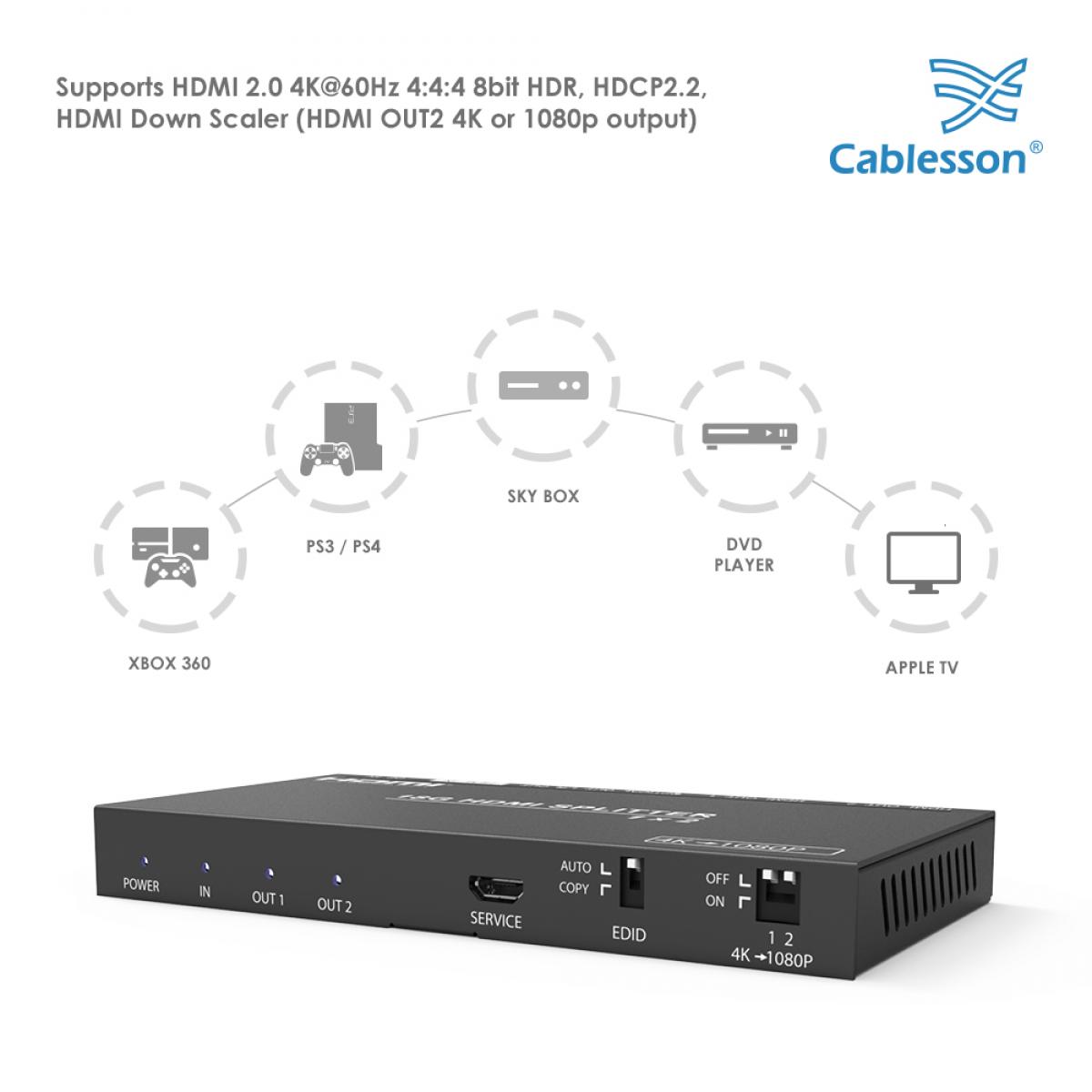 Cablesson HDMI 2.0 1x2 Splitter 18G 4:4:4 with Scaler Audio - Image 3
