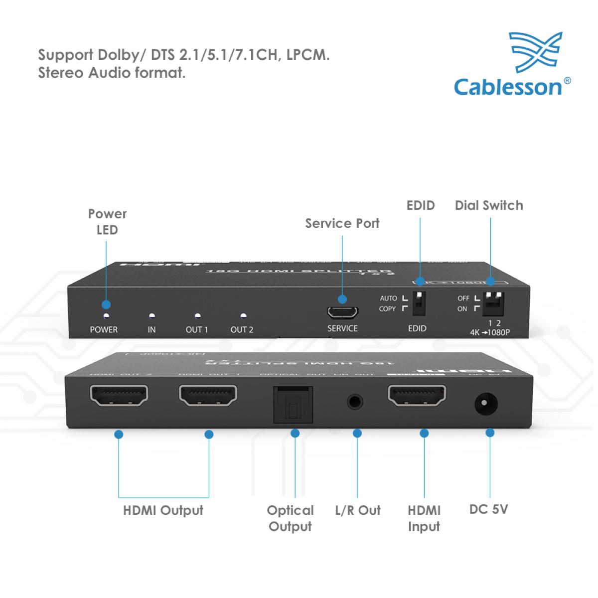 Cablesson HDMI 2.0 1x2 Splitter 18G 4:4:4 with Scaler Audio - Image 4