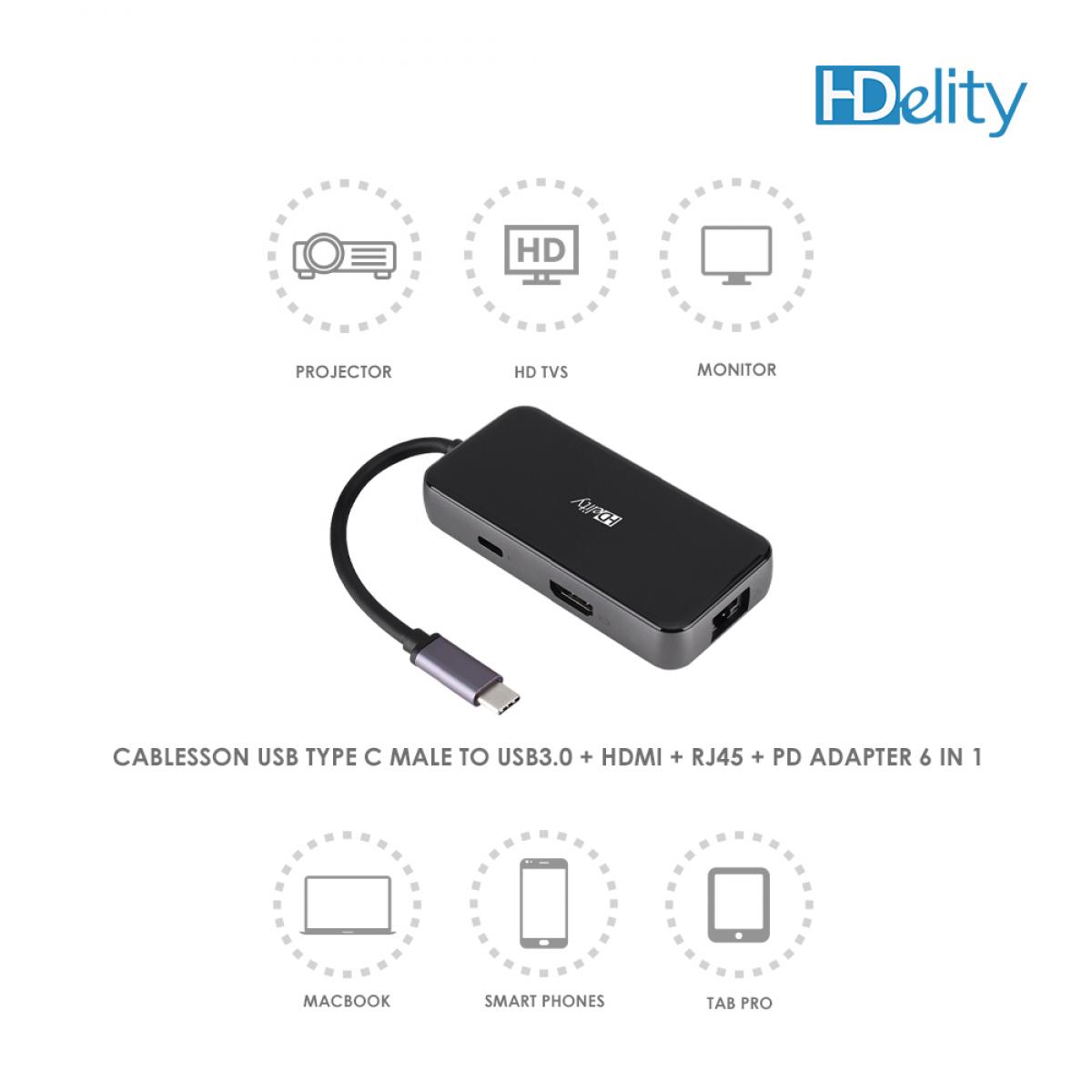 HDelity USB Type C Male to USB3.0+HDMI +RJ45+PD Adapter 6 in 1 - Image 6