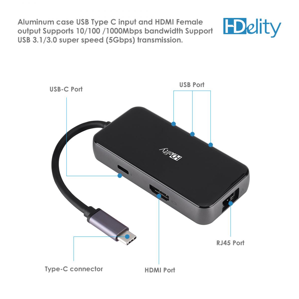 HDelity USB Type C Male to USB3.0+HDMI +RJ45+PD Adapter 6 in 1 - Image 4