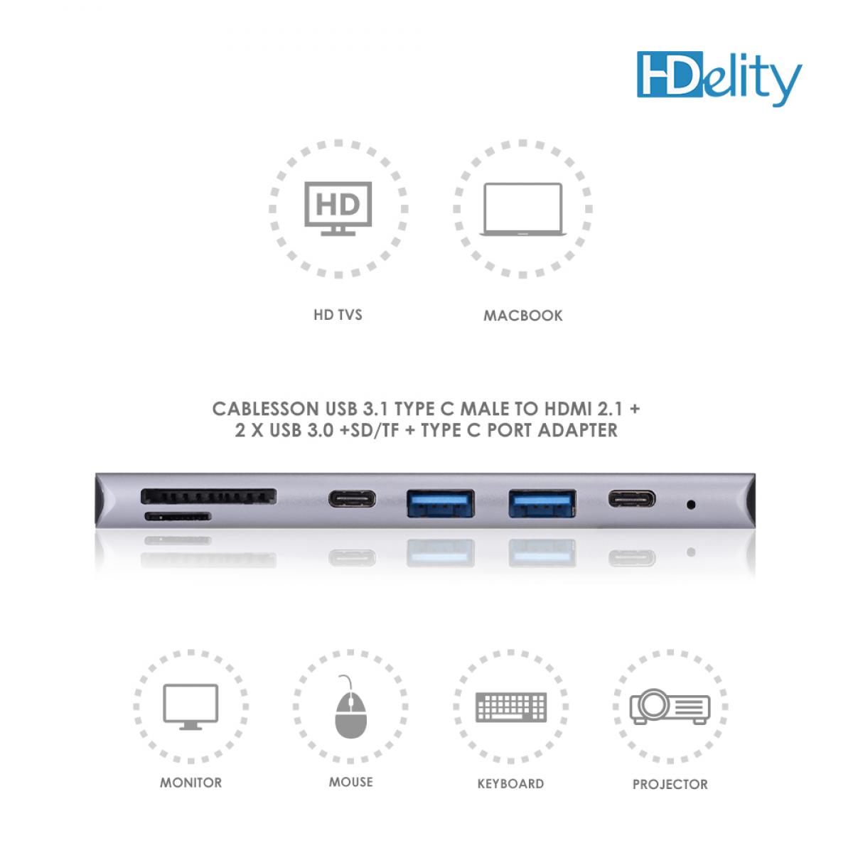 HDelity USB 3.1 Type C Male to HDMI+2*USB 3.0+SD/TF+Type C Female Port - Image 6