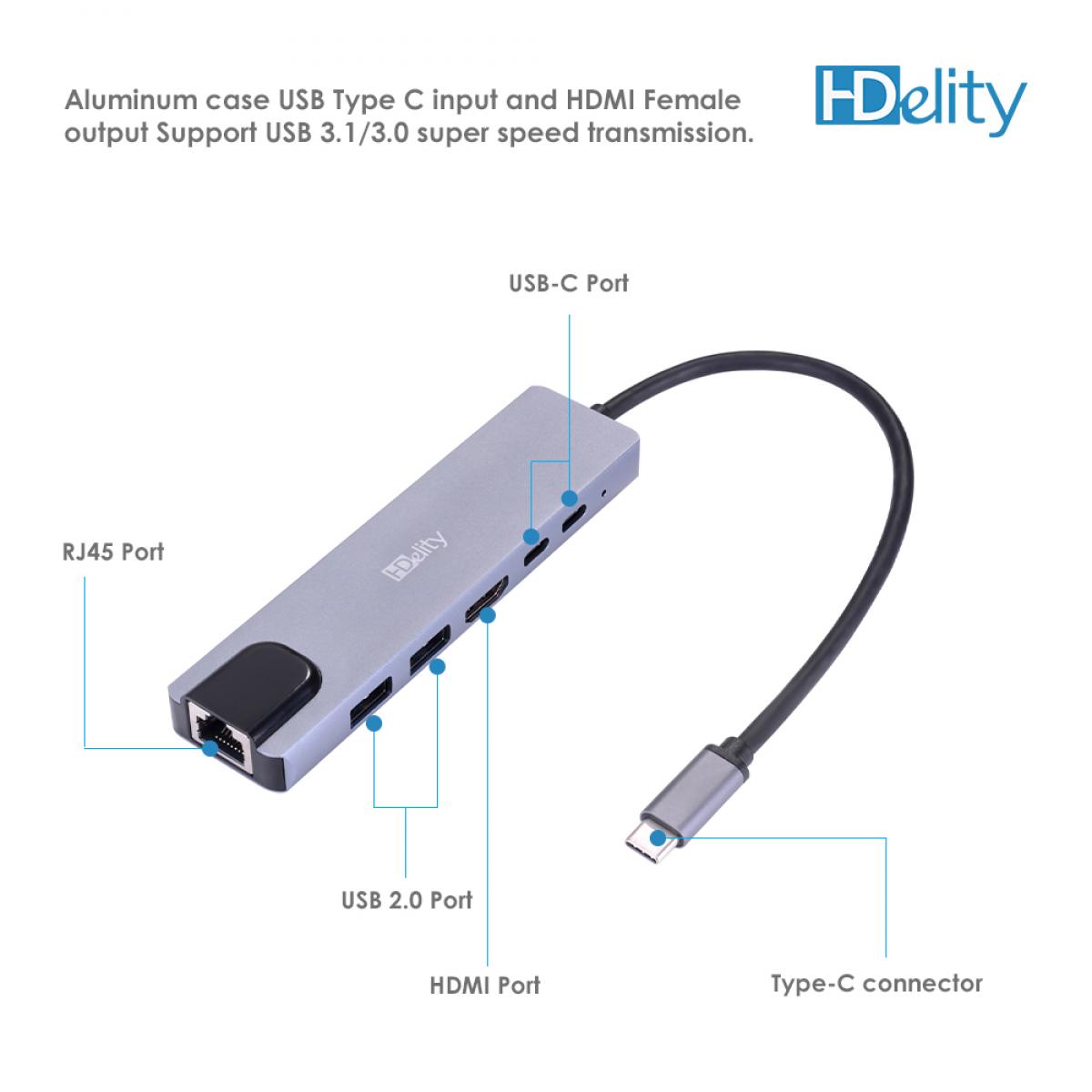 HDelity USB Type C Male to USB 3.0 * 2 + HDMI +Type C Female * 2 Adapter 6 in 1 - Image 4