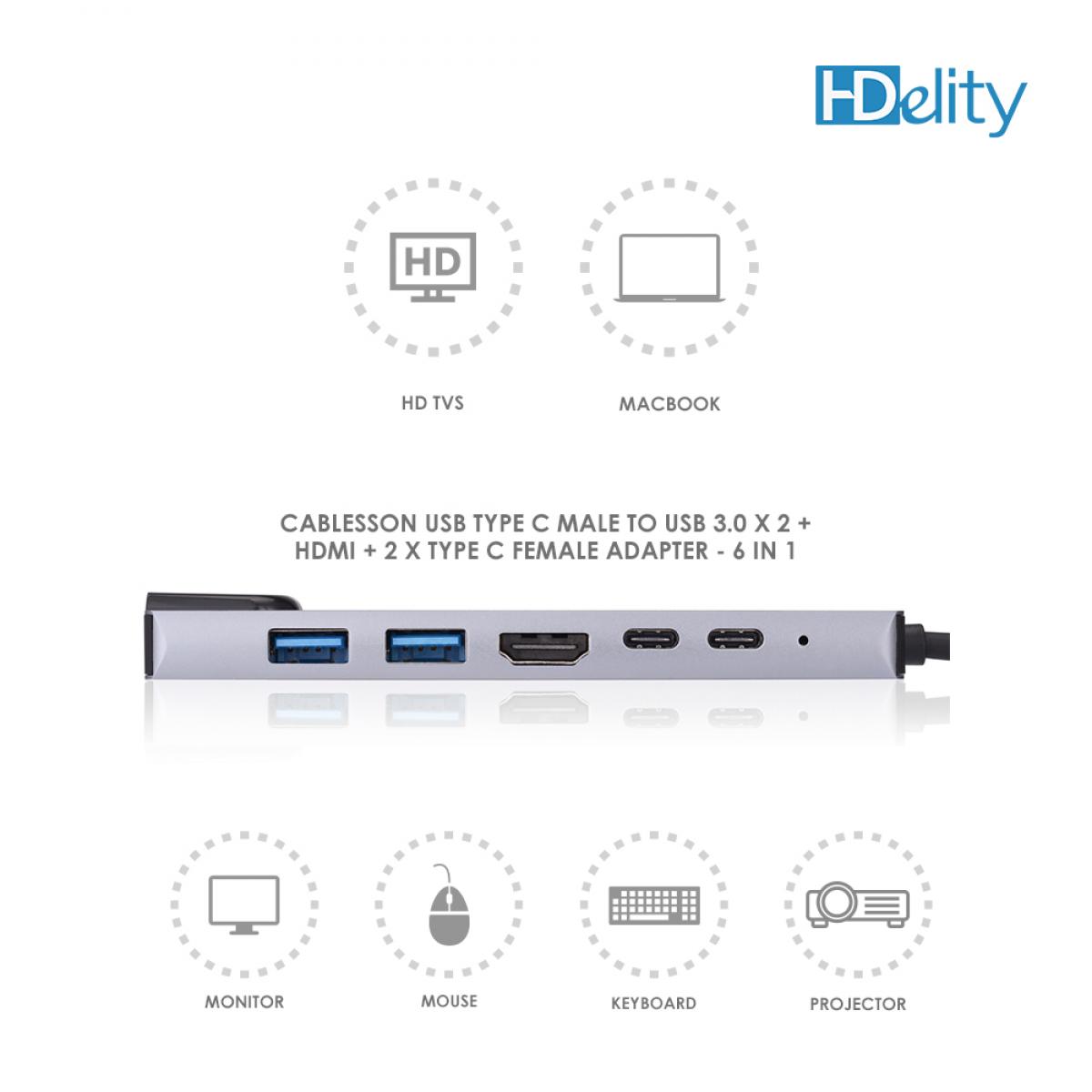 HDelity USB Type C Male to USB 3.0 * 2 + HDMI +Type C Female * 2 Adapter 6 in 1 - Image 6