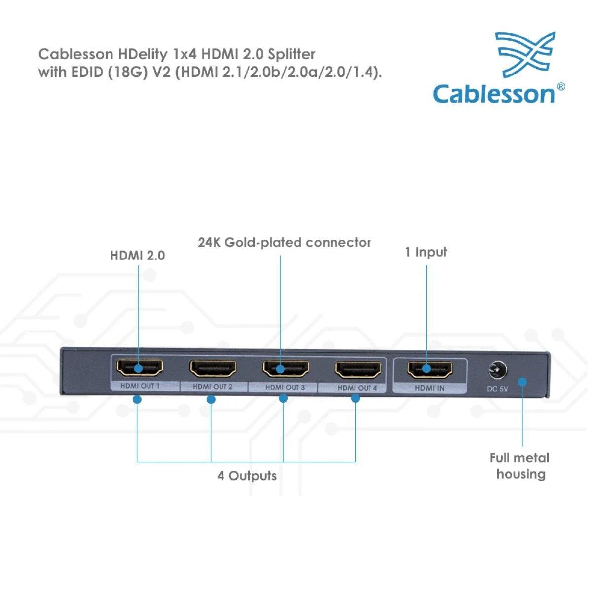 Cablesson 1X4 HDMI 2.0 Splitter WITH EDID (18G) v2+XO PRO 15m / 15 metres HDMI Gold Cable with Ethernet - Image 3