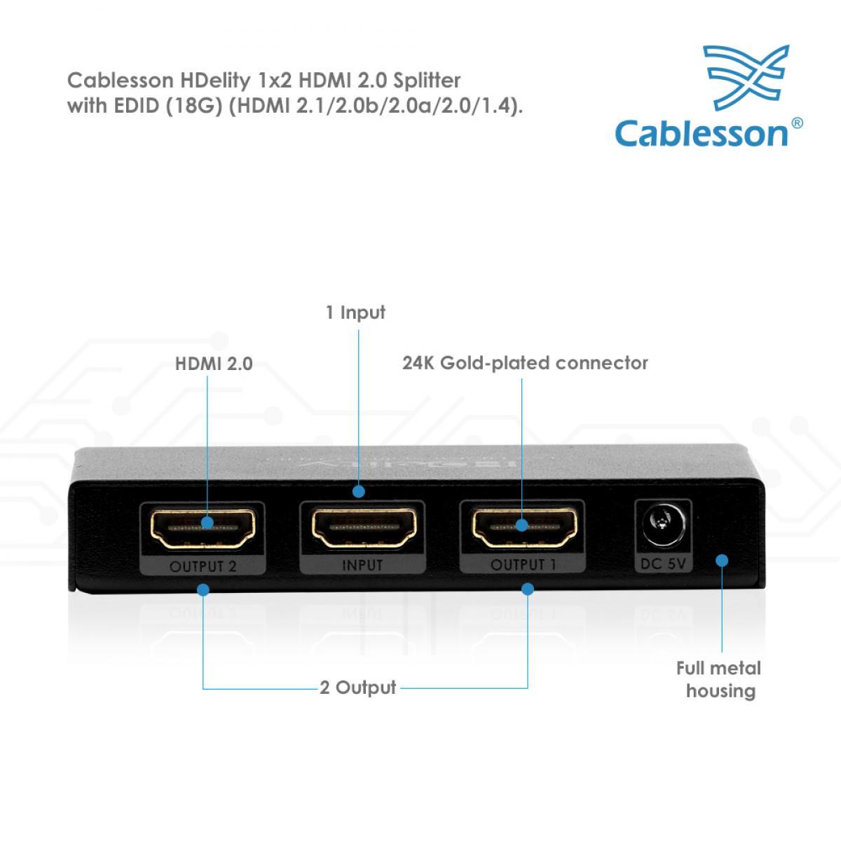 Cablesson 1x2 HDMI 2.0 Splitter WITH EDID (18G) with Basic 5m High Speed HDMI Cable with Ethernet - Black - Image 4