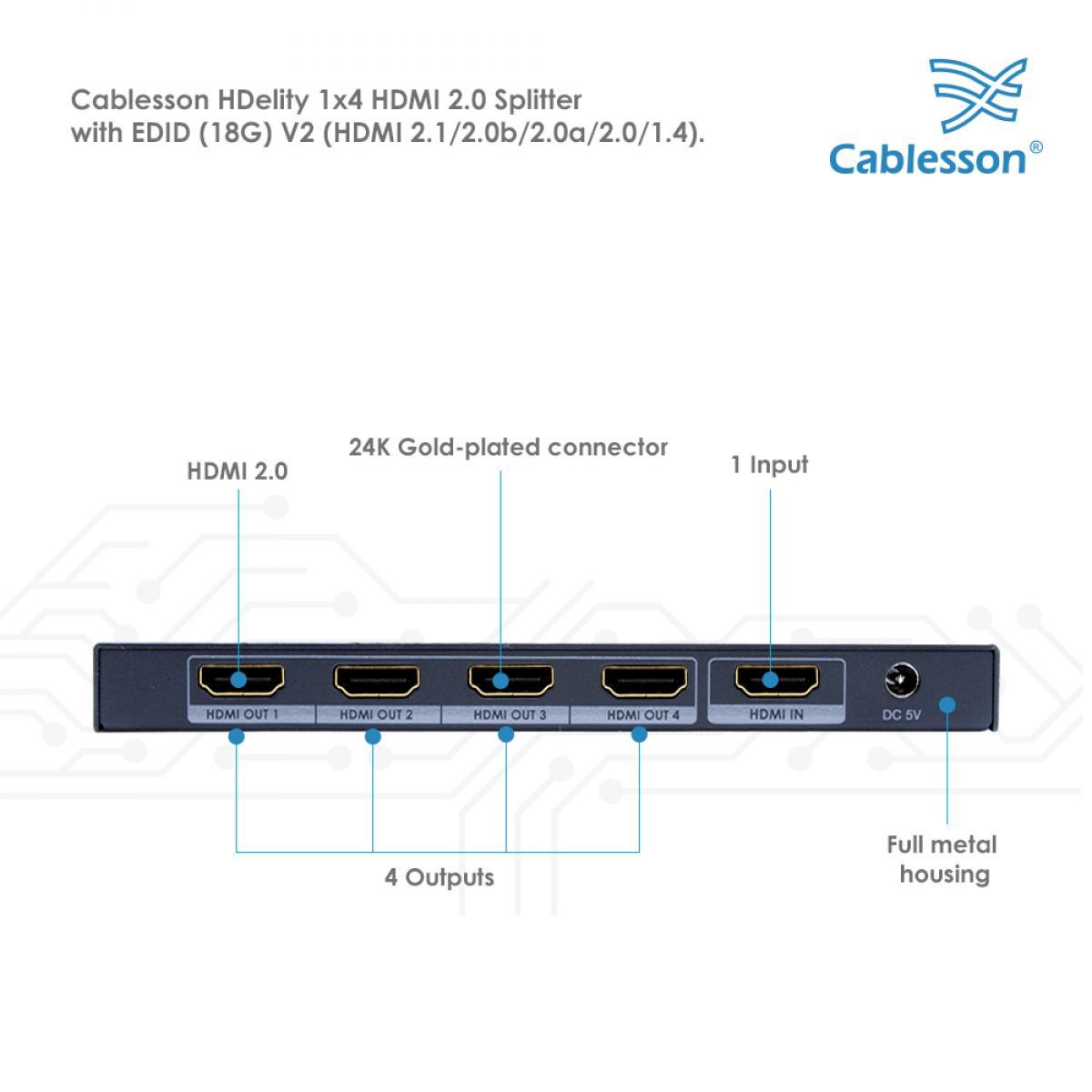 Cablesson 1X4 HDMI 2.0 Splitter WITH EDID (18G) v2 with Ivuna Advanced High Speed 1m HDMI Cable with Ethernet - Image 4