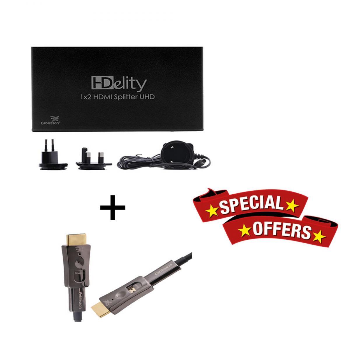 Cablesson 1x2 HDMI 2.0 Splitter WITH EDID (18G) with HDElity AOC Detachable Cable - 15m