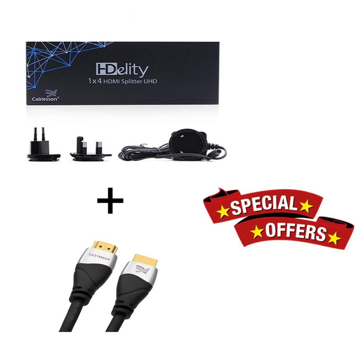 Cablesson 1X4 HDMI 2.0 Splitter WITH EDID (18G) v2 with Ivuna Advanced HDMI Cable 2.1 - 0.5m