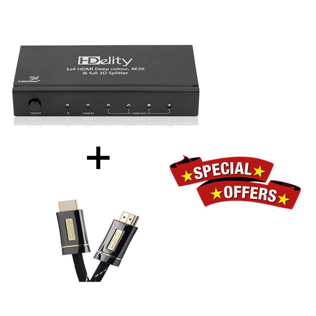 Cablesson HDelity 1x4 HDMI splitter with 4K2K with XO Platinum 5m High Speed HDMI Cable with Ethernet - Black
