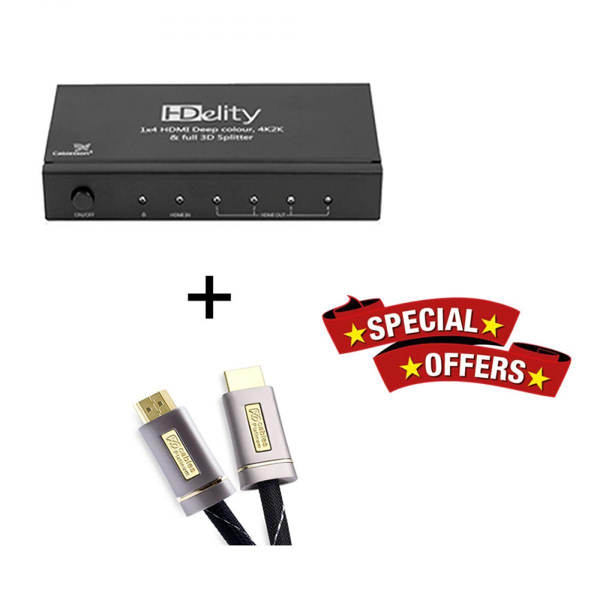 Cablesson HDelity 1x4 HDMI splitter with 4K2K with XO Platinum 3m High Speed HDMI Cable with Ethernet - Silver