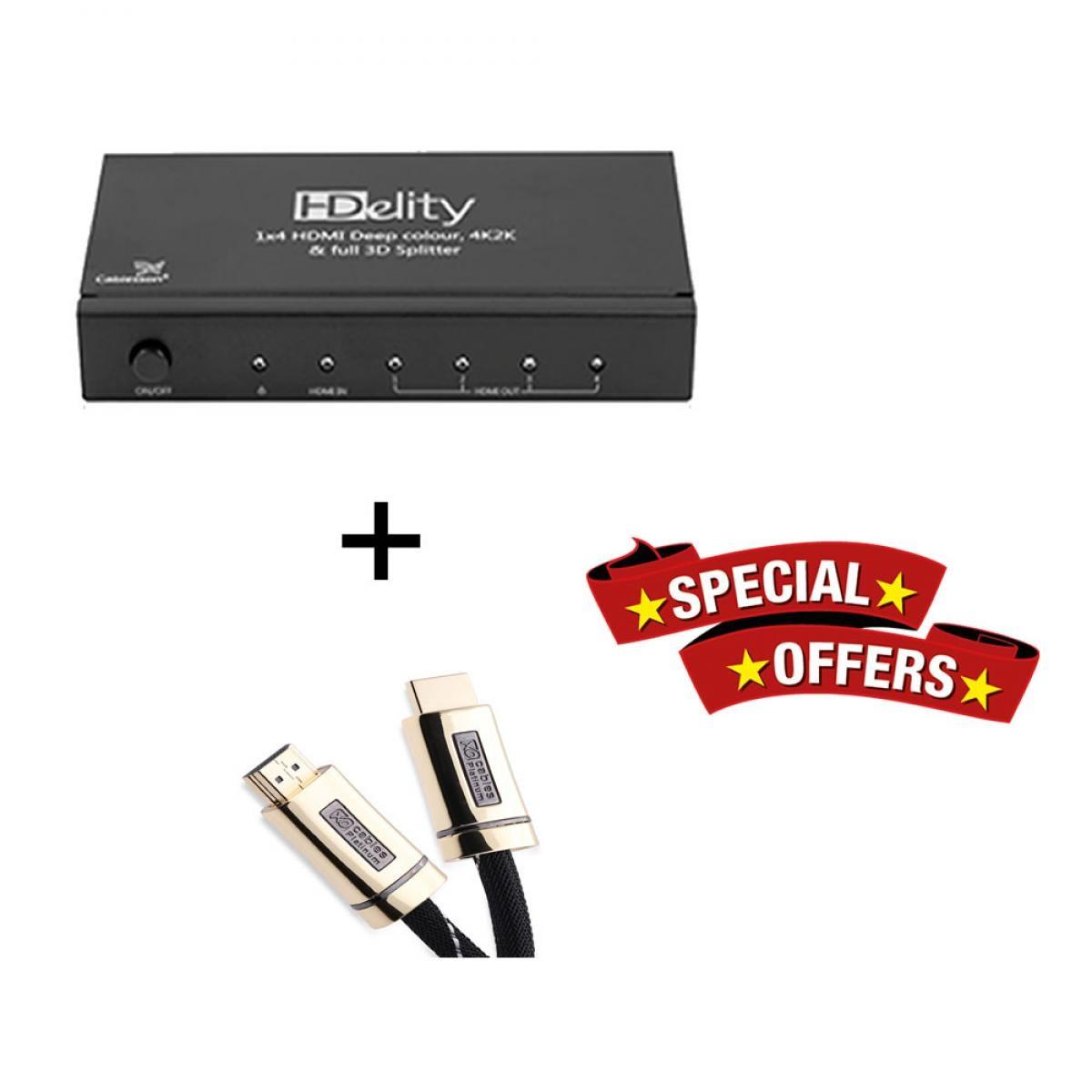 Cablesson HDelity 1x4 HDMI splitter with 4K2K with XO Platinum 2m High Speed HDMI Cable with Ethernet - Gold