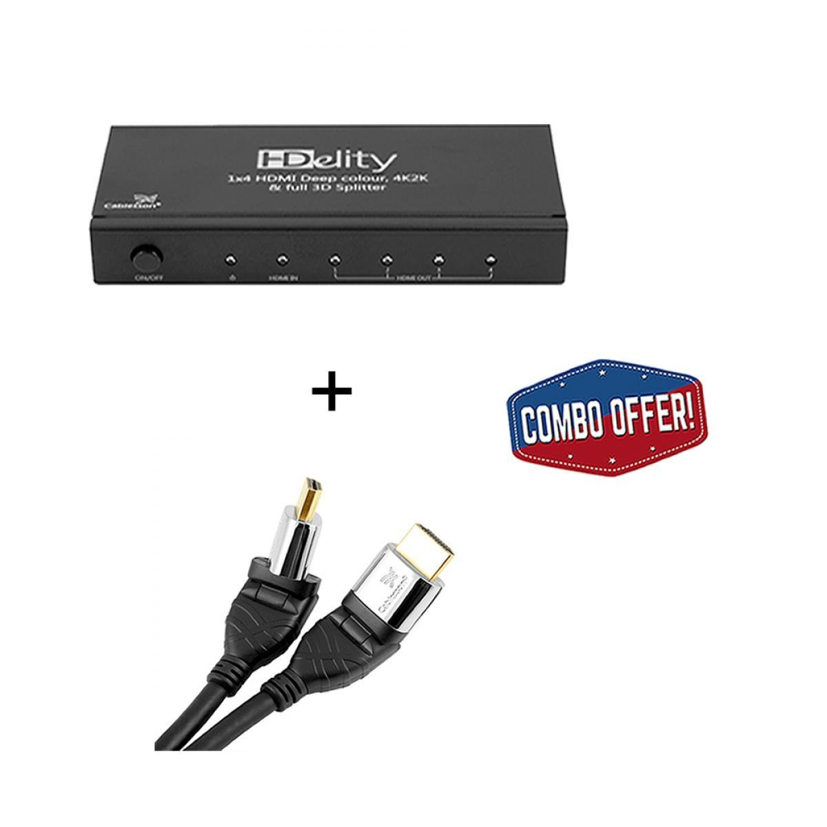 Cablesson HDelity 1x4 HDMI splitter with 4K2K with Ivuna Flex Plus 4m High Speed HDMI Cable with Ethernet