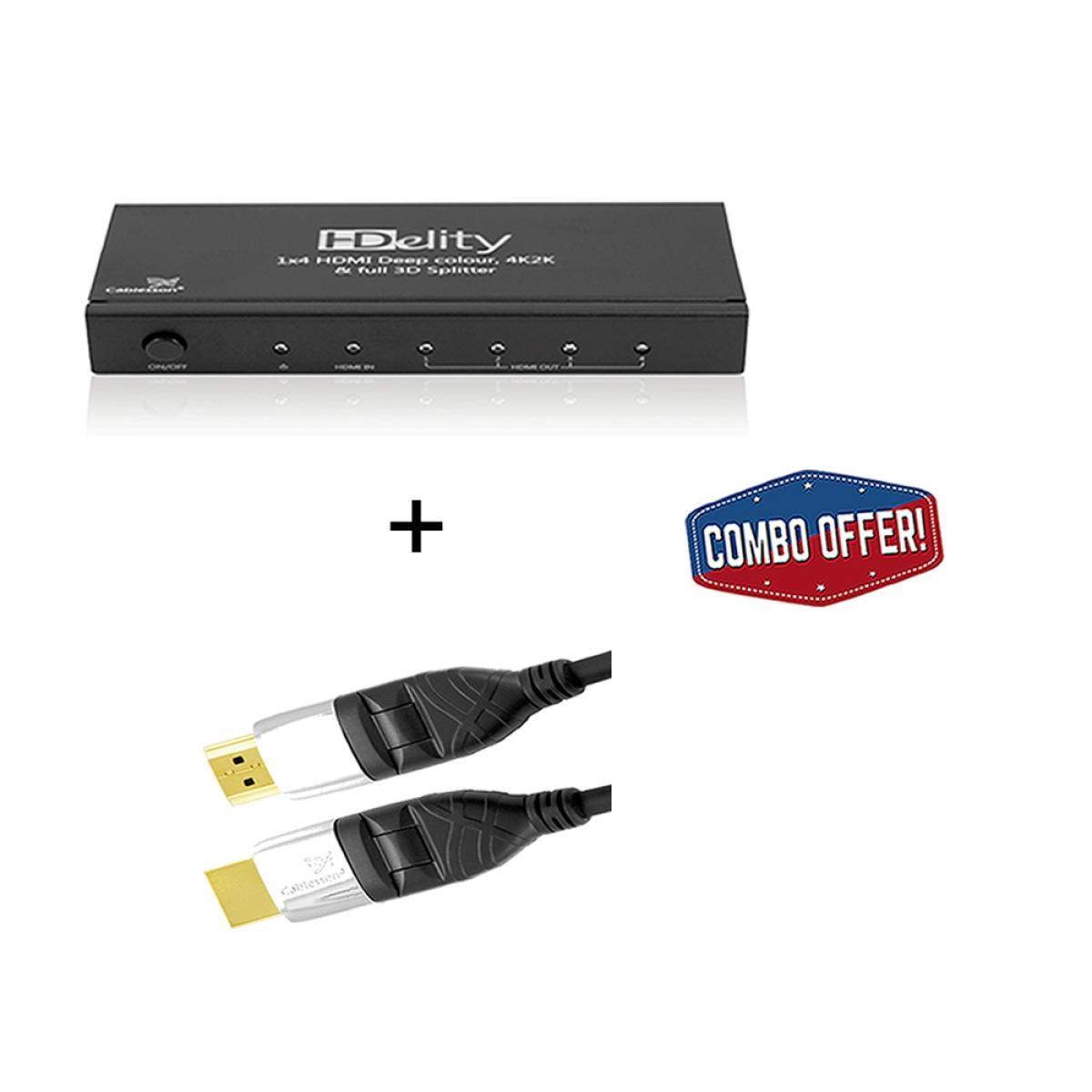 Cablesson HDelity 1x4 HDMI splitter with 4K2K with Ivuna Flex Plus 1.5m High Speed HDMI Cable with Ethernet