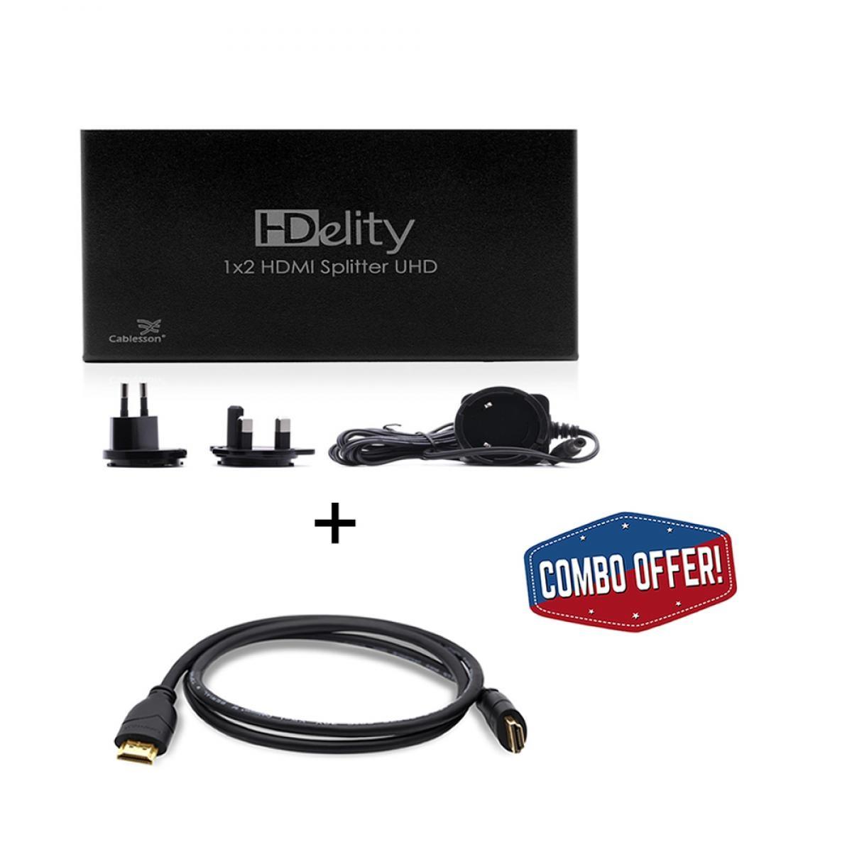 Cablesson 1x2 HDMI 2.0 Splitter WITH EDID (18G) with Basic 2m High Speed HDMI Cable with Ethernet - Black