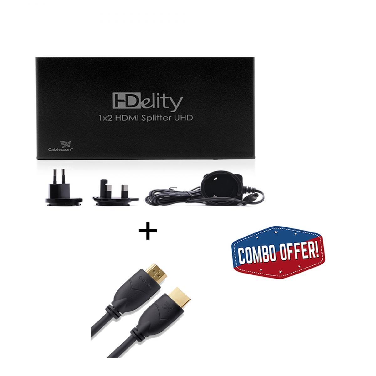 Cablesson 1x2 HDMI 2.0 Splitter WITH EDID (18G) with Basic 5m High Speed HDMI Cable with Ethernet - Black