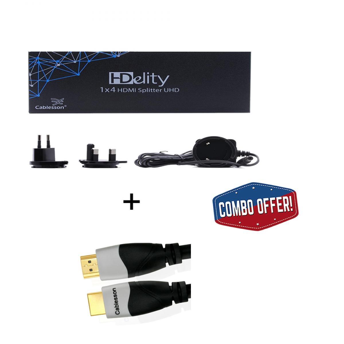 Cablesson 1X4 HDMI 2.0 Splitter WITH EDID (18G) v2 with Ivuna Advanced High Speed 1m HDMI Cable with Ethernet