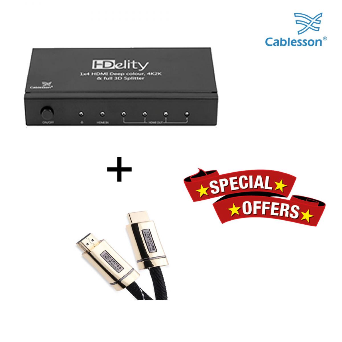 Cablesson HDelity 1x4 HDMI splitter with 4K2K with XO Platinum 8m High Speed HDMI Cable with Ethernet.