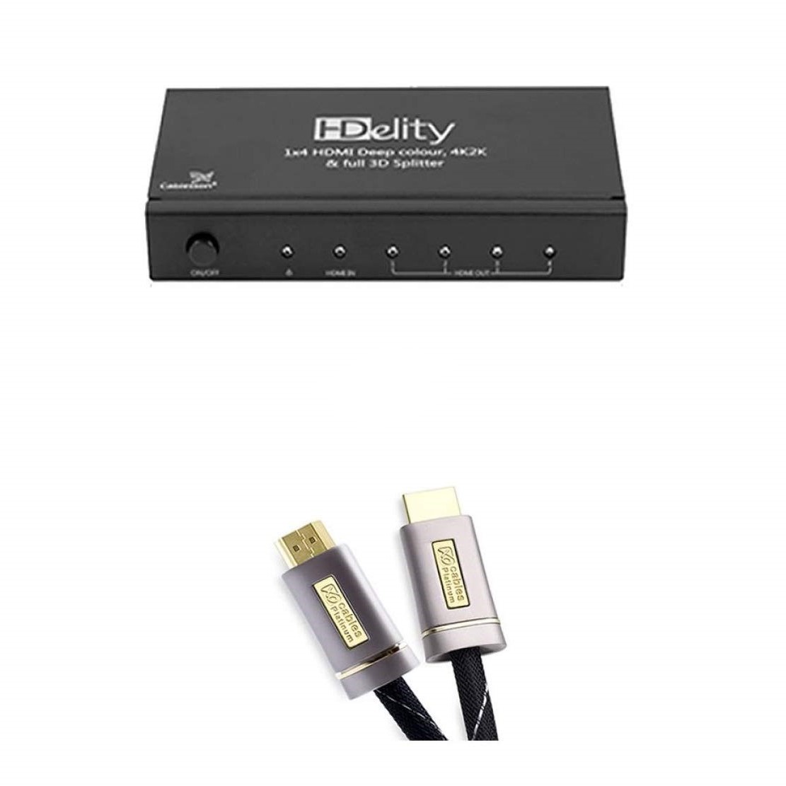 Cablesson HDelity 1x4 HDMI splitter with 4K2K with XO Platinum 8m High Speed HDMI Cable with Ethernet - Silver